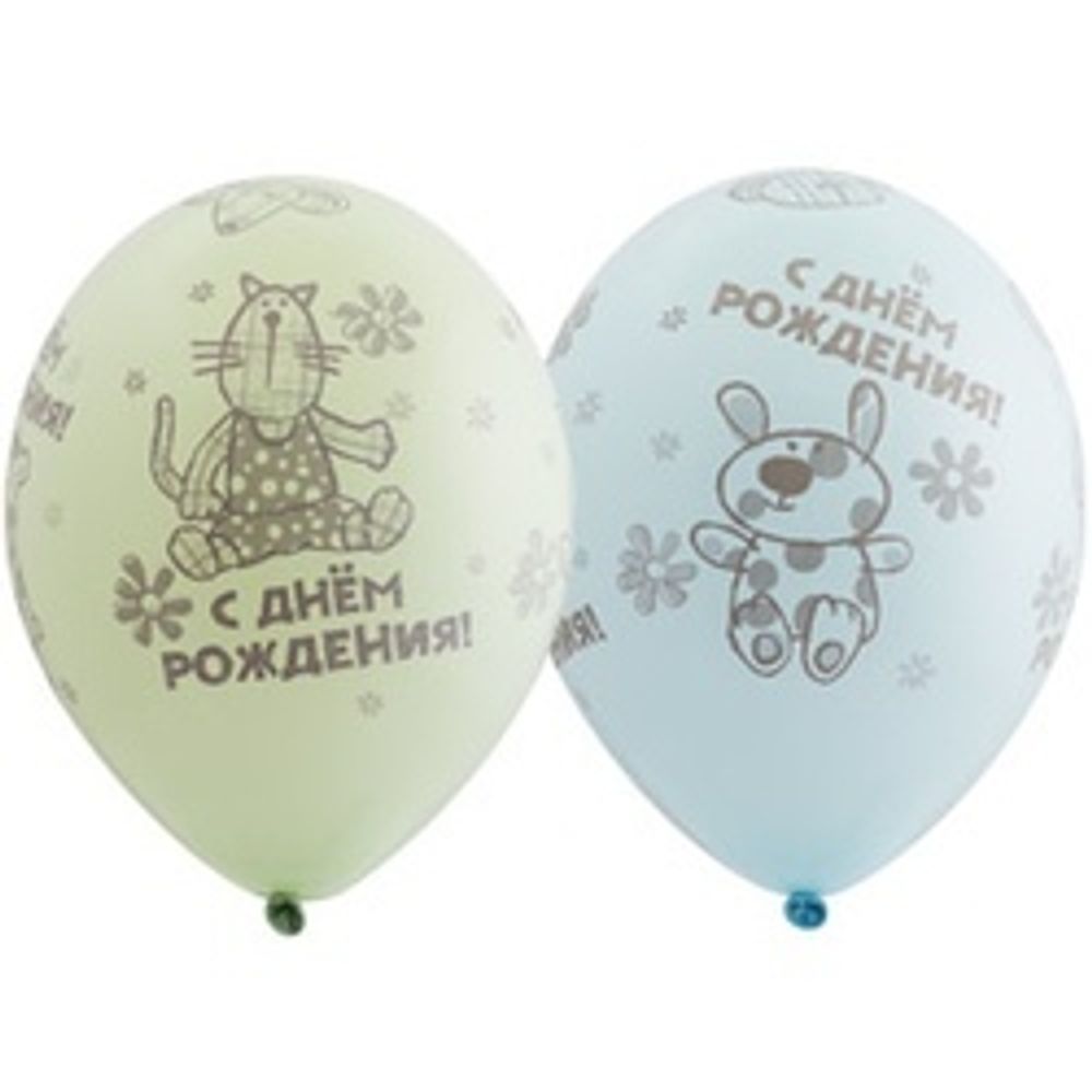 Шар (14"/36 см) Шелкография пастель, ДР Зверюшки-игрушки 25 шт.