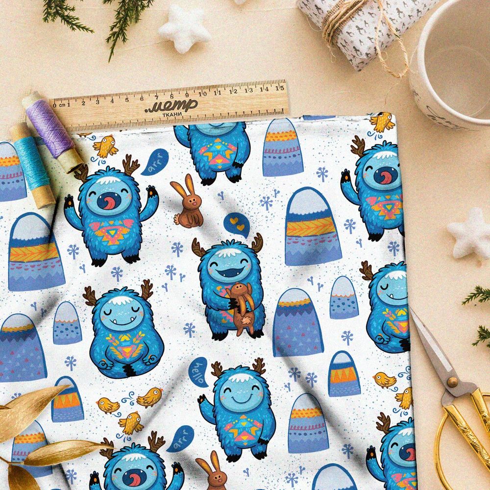 Ткань бязь пушистые олени и зайки у синих сугробов