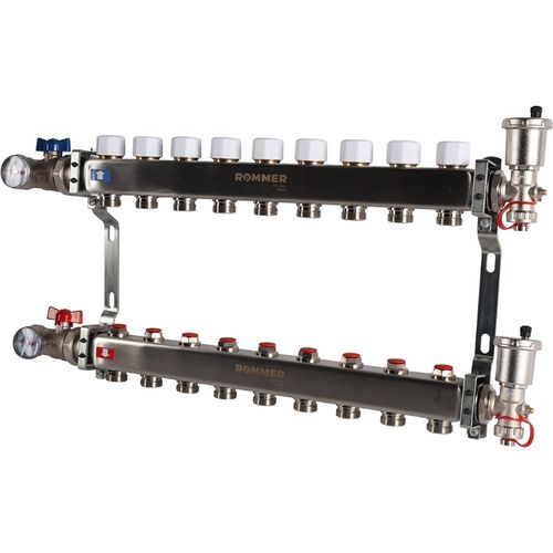 Коллектор Rommer 1"x3/4" на 9 контуров с запорными клапанами в сборе (нерж. сталь) RMS-3210-000009