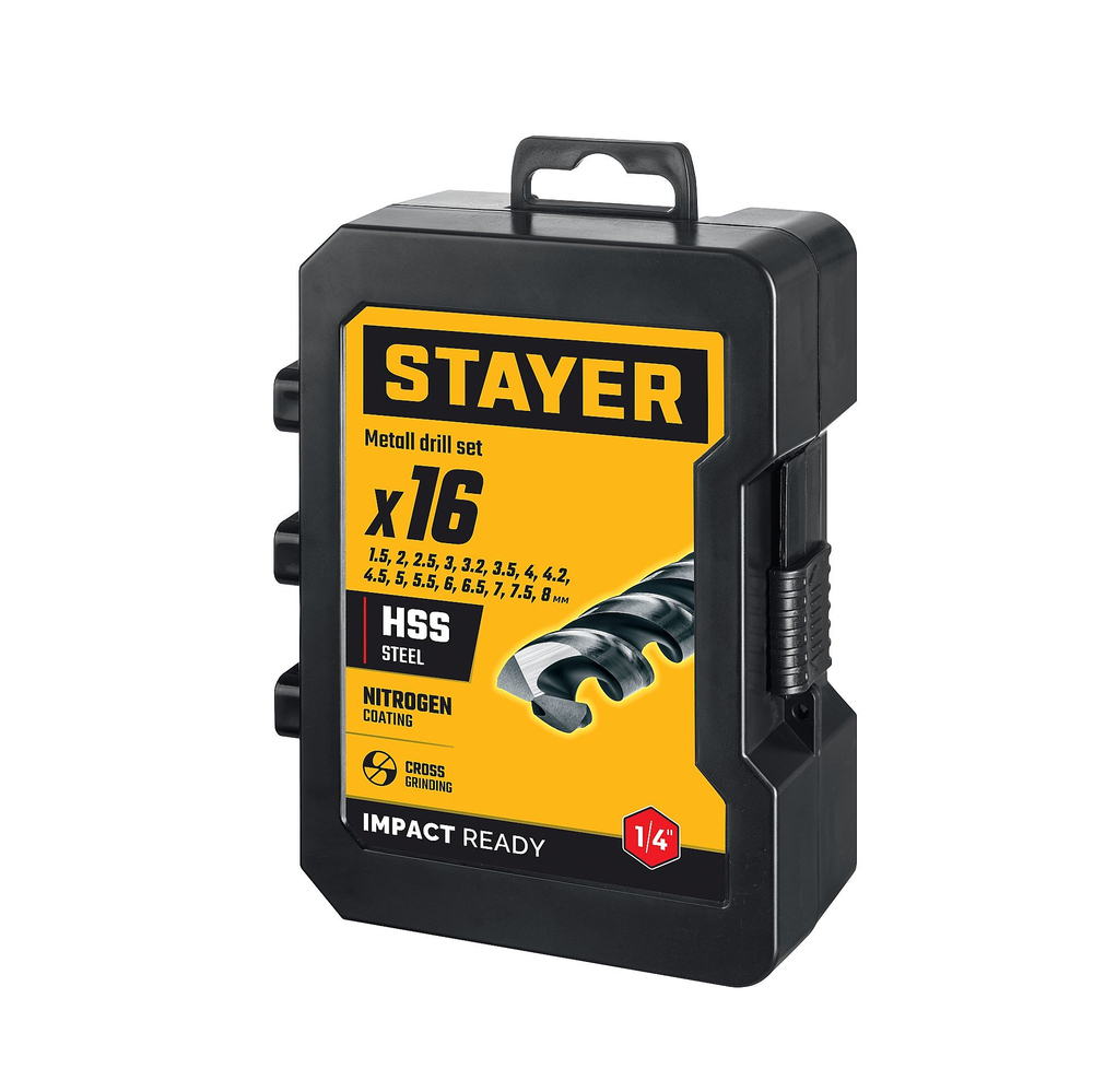 STAYER НЕХ-1/4″, 16 шт, набор сверл по металлу для винтовёртов и шуруповертов IMPACT READY (29603-H16)