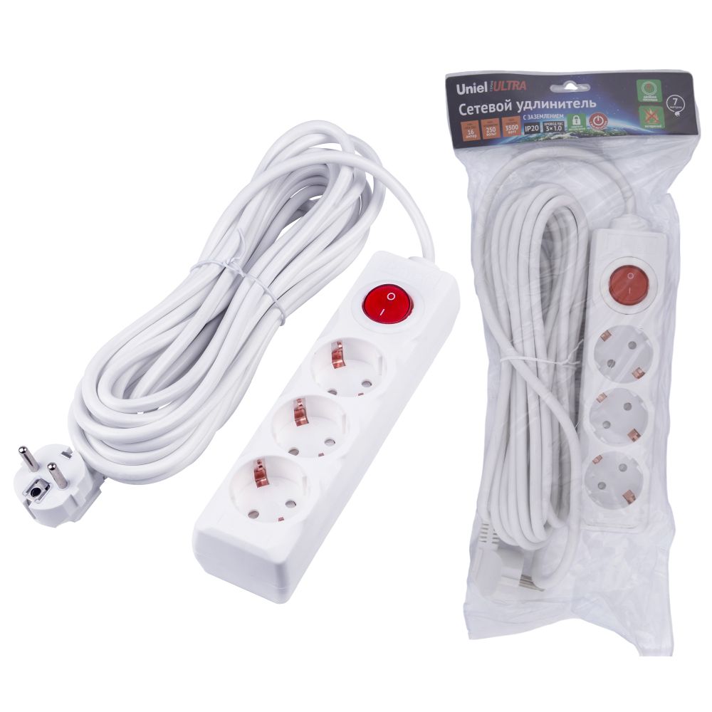 S-GCU3-7B WHITE Удлинитель серии Ultra. шнур 7м.. 3 гнезда. 16A. с-з. Белый. TM Uniel