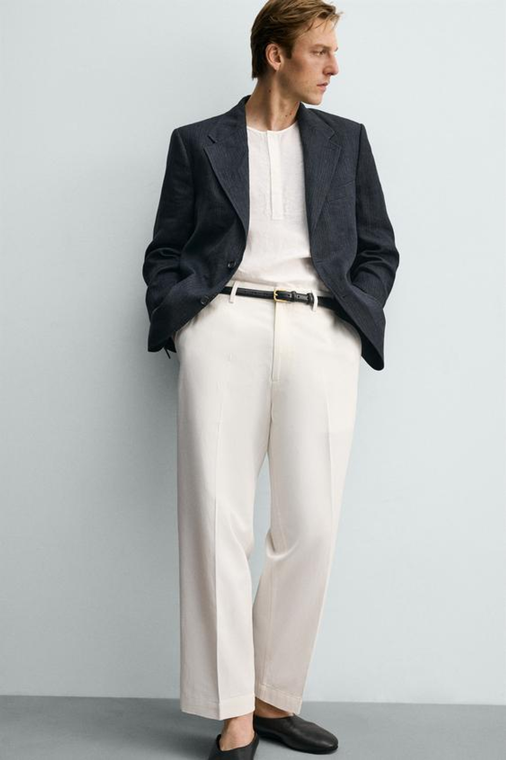 ZARA БРЮКИ REGULAR FIT ИЗ ВИСКОЗЫ И ХЛОПКА, ЖЕЛТОВАТО-БЕЛЫЙ