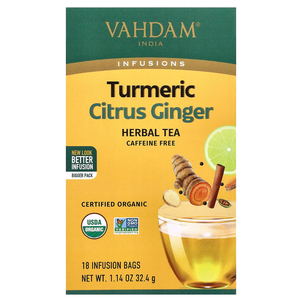 VAHDAM India, Infusions, травяной чай, куркума и имбирь, без кофеина, 18 пакетиков для заваривания, 32,4 г (1,14 унции)