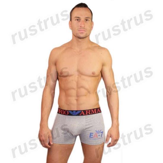 Мужские трусы боксеры серые Emporio Armani с красно-синей резинкой