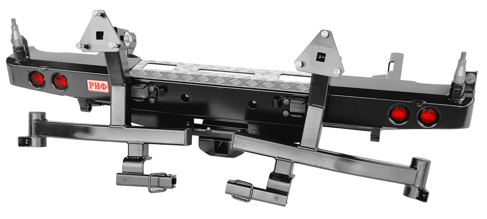 Бампер силовой задний Toyota Hilux 2005-2014 с площадкой под лебёдку, квадратом под фаркоп, фонарями, 2-я калитками, подсветкой номера РИФ