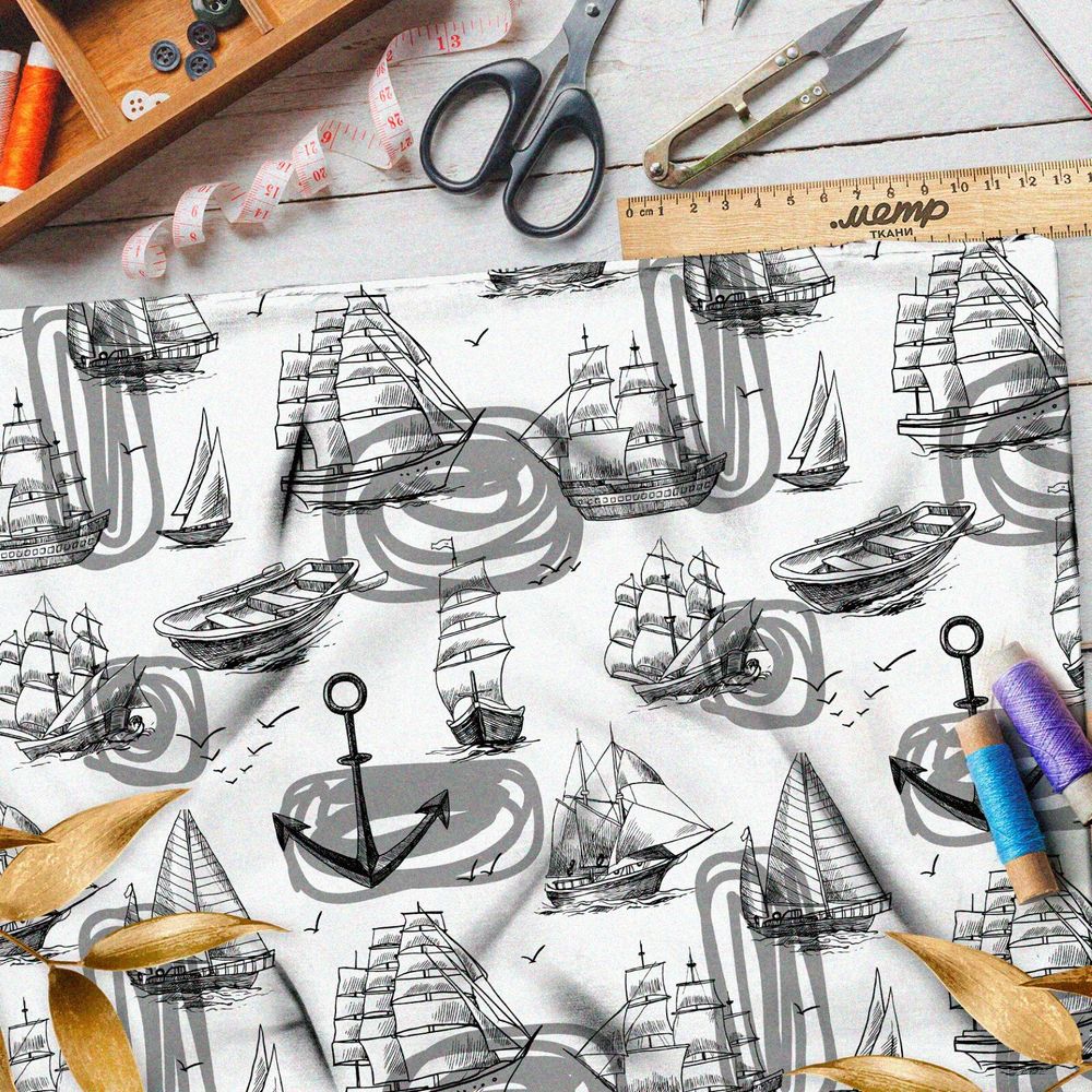 Ткань кулирная гладь чёрные эскизы кораблей на белом фоне