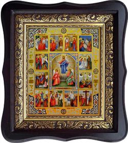 Воскресение Христово с двунадесятыми праздниками. Икона на холсте в киоте