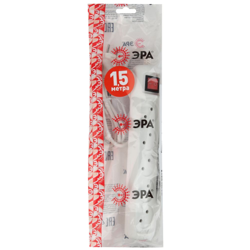 Удлинитель электрический ЭРА U-5s-1,5m-2x1 без заземления c выключателем 5 розеток 1,5м ПВС 2x1мм2 10А