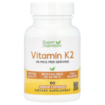 Super Nutrition, витамин K2, 45 мкг, 60 растительных капсул