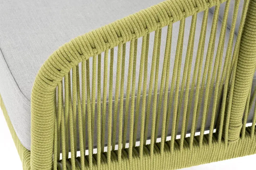 "Канны" диван 2-местный плетеный из роупа, каркас алюминий светло-серый (RAL7035) муар, роуп салатовый меланж круглый, ткань светло-серая