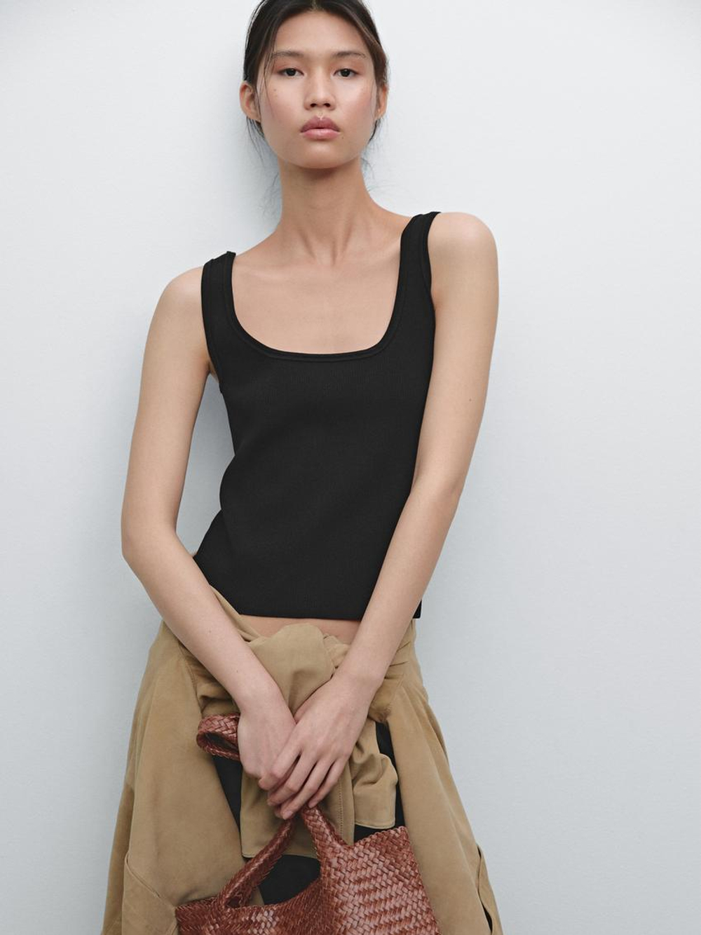 Massimo Dutti Трикотажный топ на бретелях, черный