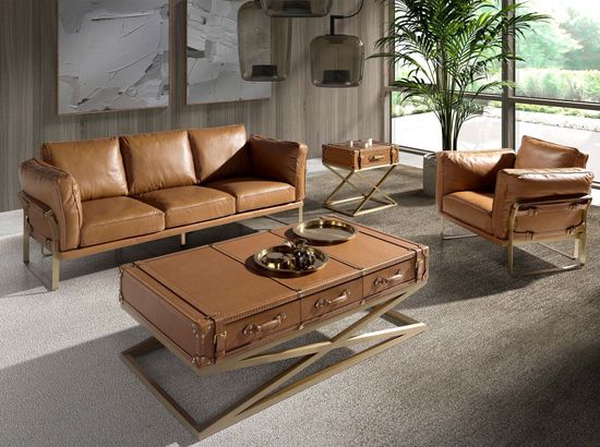 Прямоугольный угловой столик из кожи и золотистой стали 2148