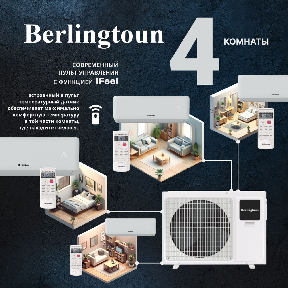 Инверторная мульти сплит-система Berlingtoun на 4 комнаты (30м2x3 + 50м2) BMO-36/4AIN1/BMI-09AIN1x3 + BMI-18AIN1