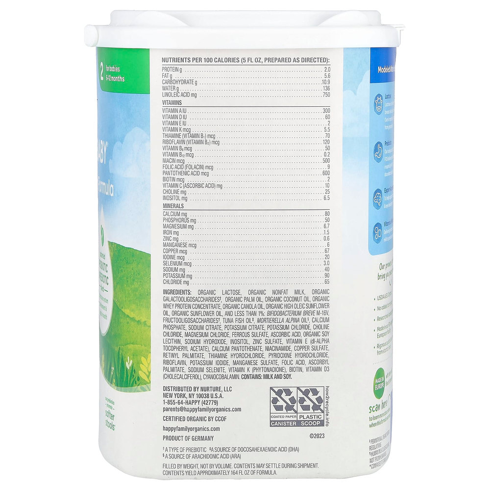 Happy Family Organics, Органическая смесь для младенцев, порошок на молочной основе с железом, для детей от 6 до 12 месяцев, 650 г (22,9 унции)