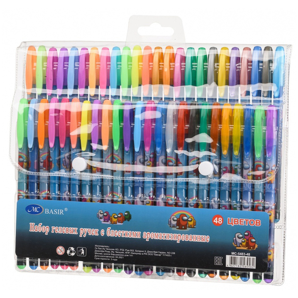 Ручка гелевая, Basir, цветные чернила, серия "Астронавты", ароматизированная с блёстками, 48 шт