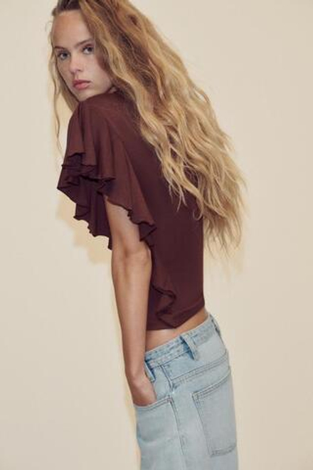 ZARA ФУТБОЛКА С РУКАВАМИ-ВОЛАНАМИ, КОРИЧНЕВЫЙ