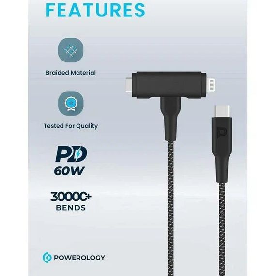 Кабель Powerology USB-C to USB-C + Lightning PD60W (PCAB007WH) White