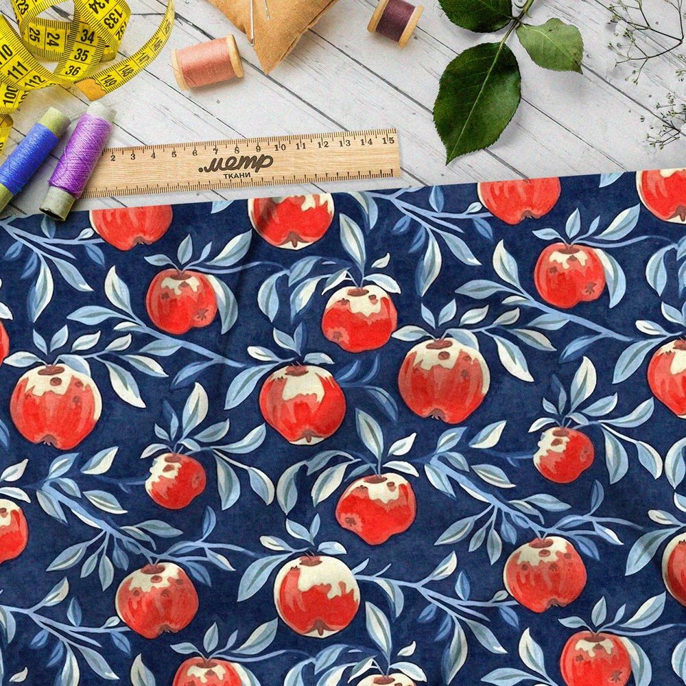 Ткань премиум шифон яркие фрукты на синем