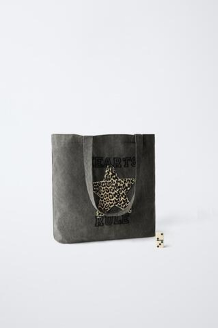 ZARA ДЖИНСОВАЯ СУМКА-ШОПЕР С ЗВЕЗДОЙ, СЕРЫЙ