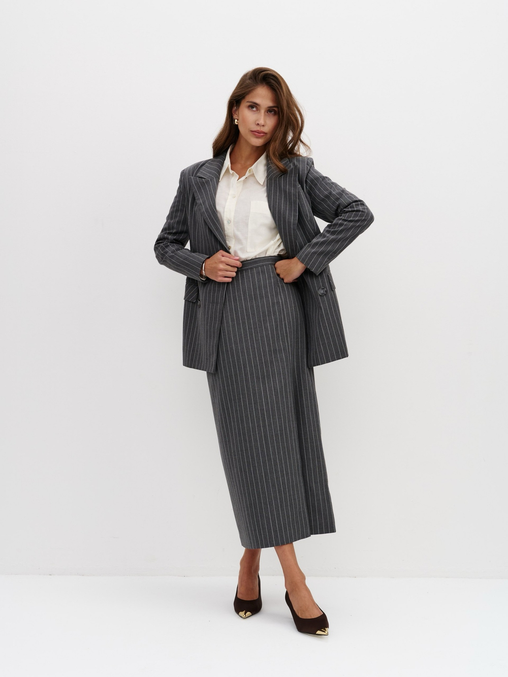 Жакет из смесовой шерсти в полоску, серый