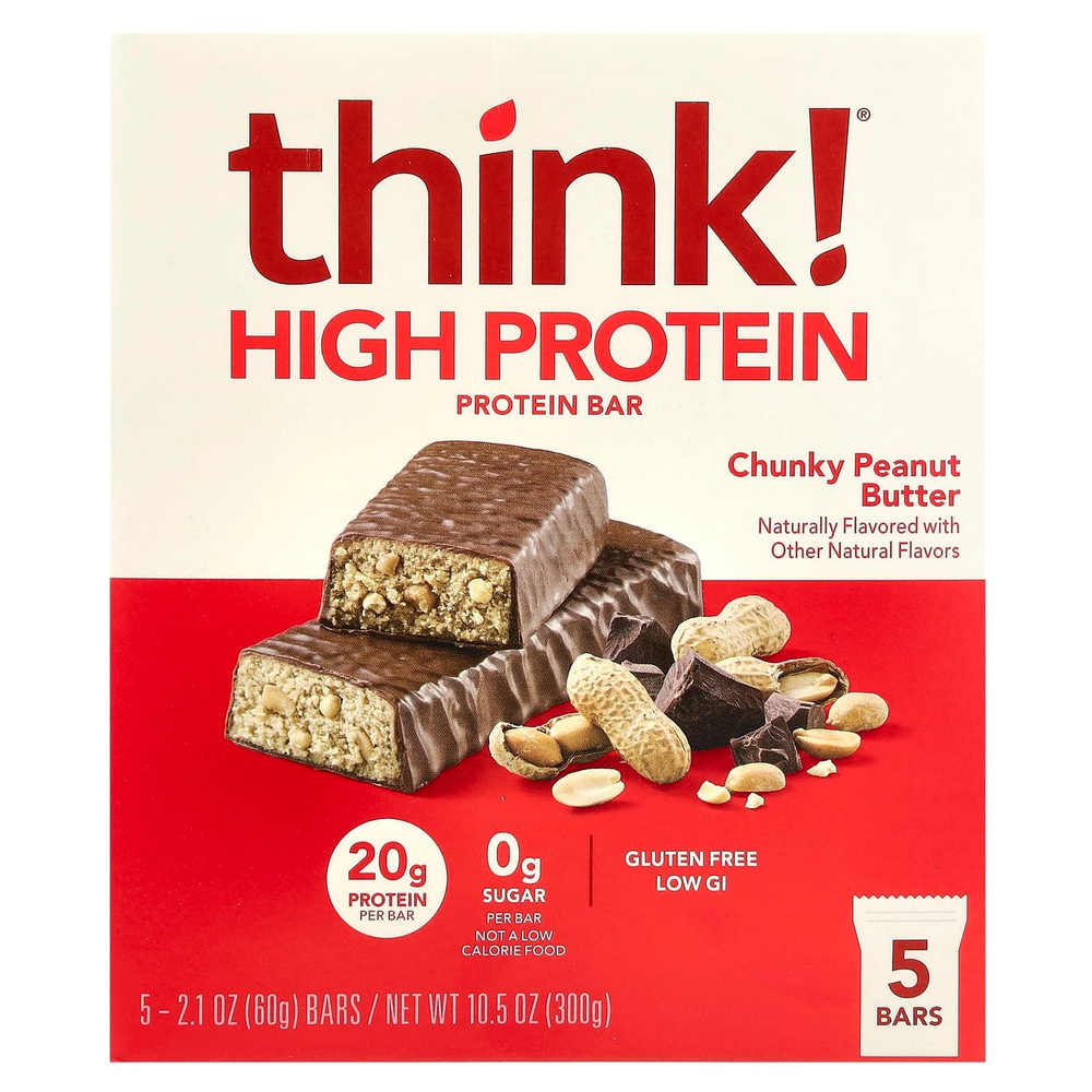 Think !, Высокопротеиновые батончики, кусочки арахисовой пасты, 5 батончиков, 60 г (2,1 унции) каждый