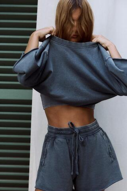 ZARA ТОЛСТОВКА ИЗ МЯГКОЙ ТКАНИ В РУБЧИК С КОРОТКИМИ РУКАВАМИ, СИНИЙ/ИНДИГО