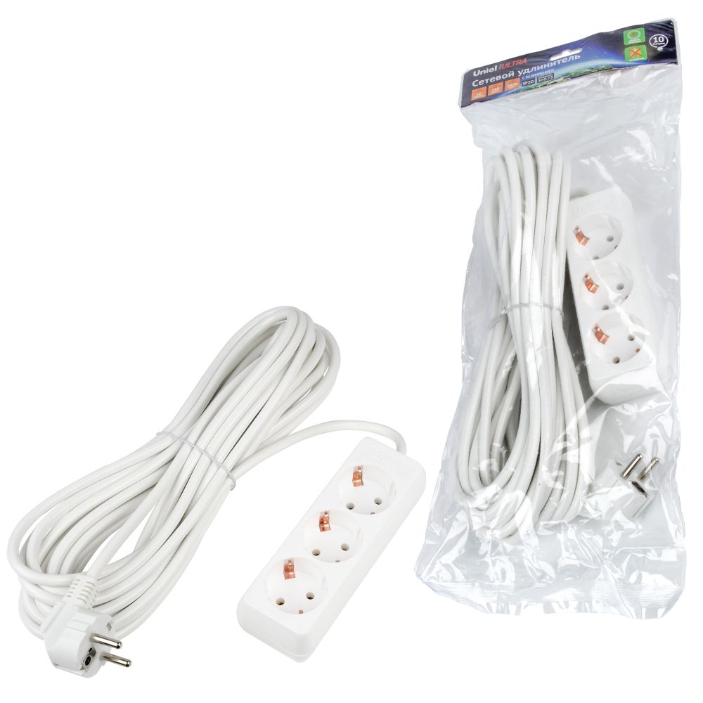 S-GCU3-10 WHITE Удлинитель серии Ultra, шнур 10м., 3 гнезда, 16A, с/з. Белый. TM Uniel