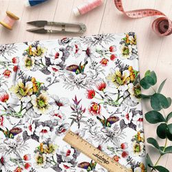 Ткань сатин фантастический красочный букет с птичками