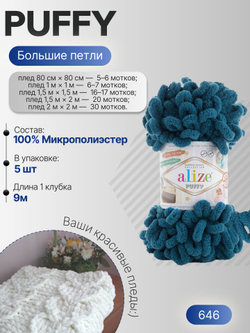 Пуффи (Puffy) пряжа Alize 100%микрополиэстер 5х100г/9,2 м 646 петроль