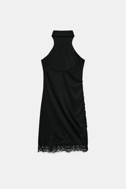 ZARA МИНИ-ПЛАТЬЕ ХАЛТЕР С КРУЖЕВОМ, ЧЕРНЫЙ