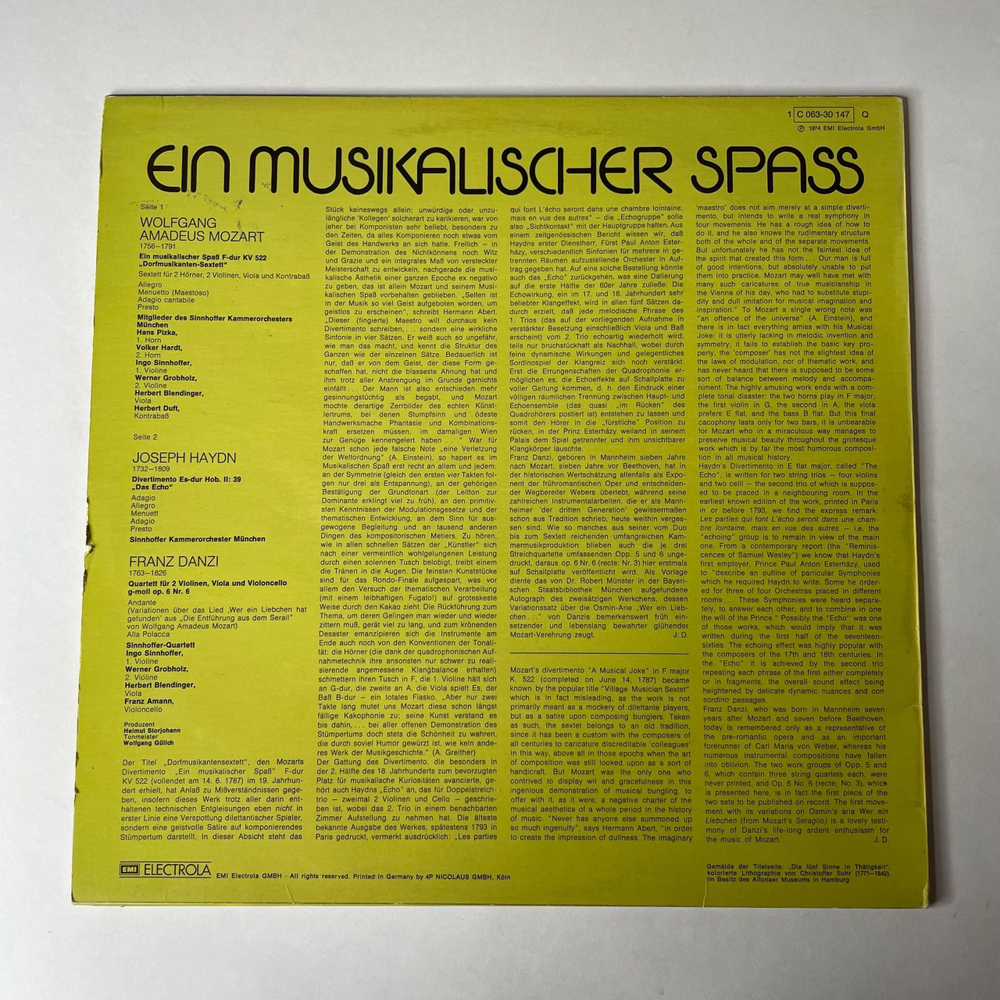 Винтажная виниловая пластинка LP W. A. Mozart Моцарт, J. Haydn Гайдн, F. Danzi Ф. Данци, Ein Musikalischer Spass Музыкальная Шутка (Германия 1974)