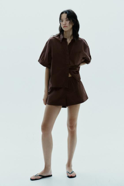 ZARA МИНИ-ШОРТЫ ИЗ ПОПЛИНА, ТЕМНО-КОРИЧНЕВЫЙ