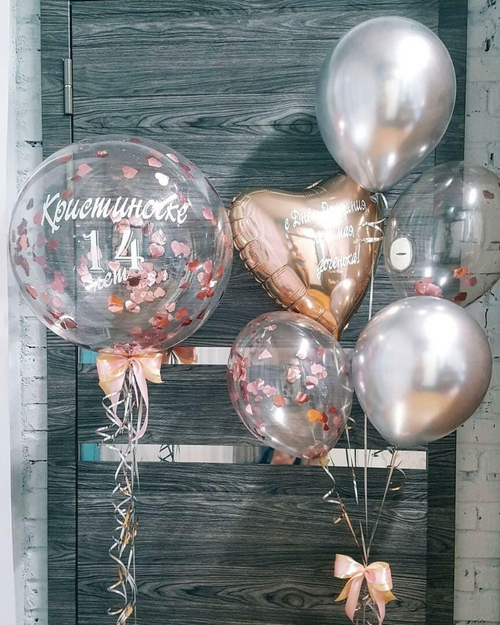 Композиция из шаров "Хром Серебро" с шаром баблс