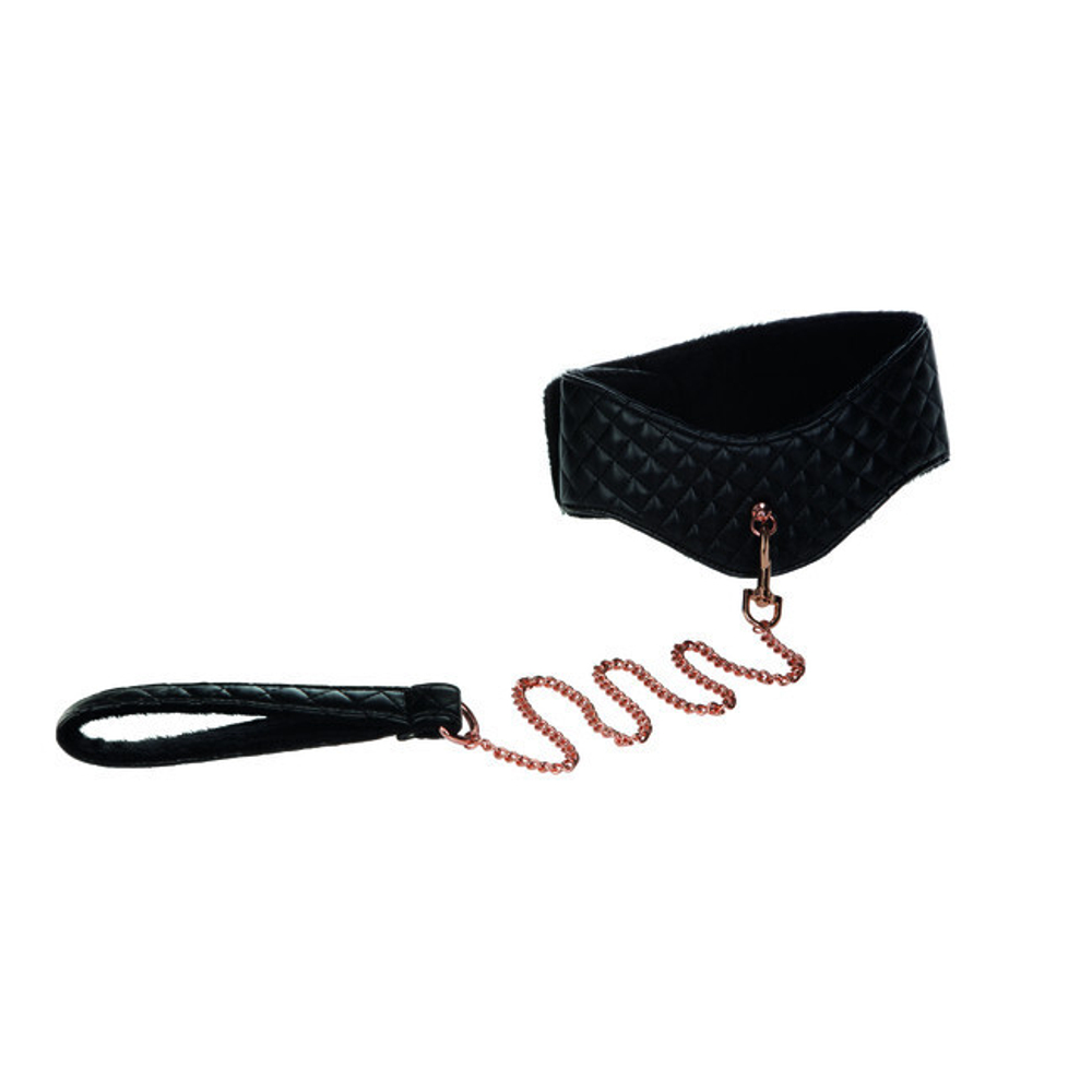 Кожаный простроченный ошейник с поводком-цепью Posture Collar with Leash (Цвет: черный с золотым)