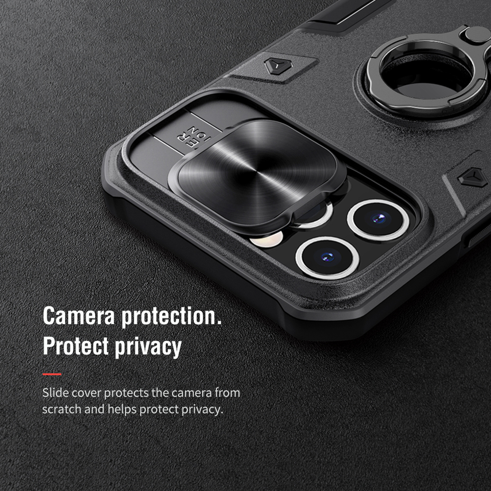 Чехол для телефона iPhone 12 Pro Max от Nillkin серии CamShield Armor Case с кольцом и металлической защитной шторкой для задней камеры