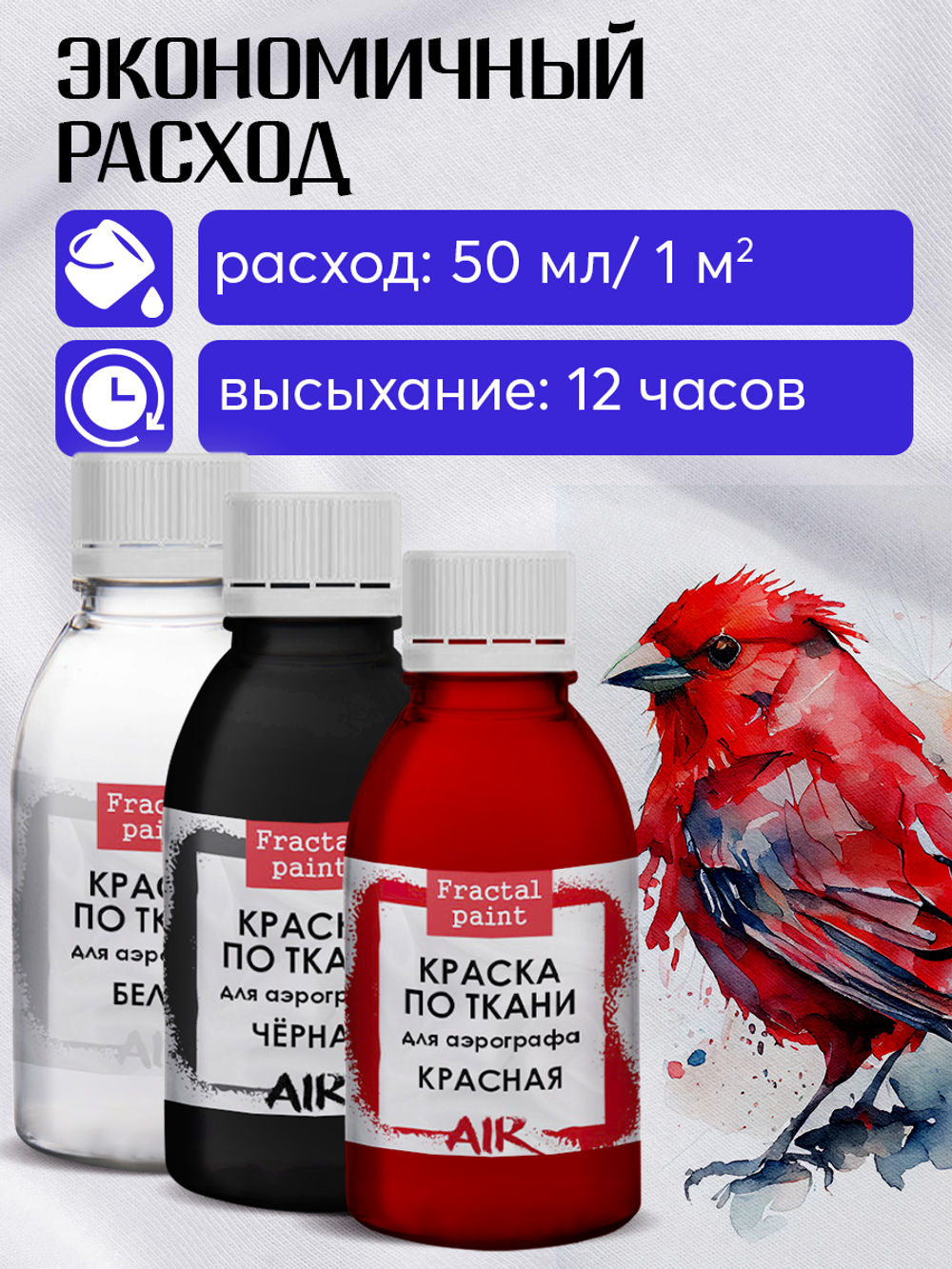 Комбо красок для аэрографа по ткани (белая+черная+красная) 3х50 мл