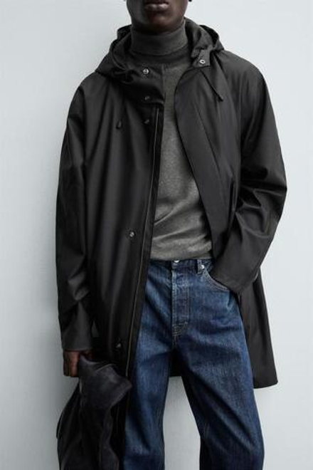 ZARA ПРОРЕЗИНЕННАЯ ПАРКА С КАПЮШОНОМ, ЧЕРНЫЙ