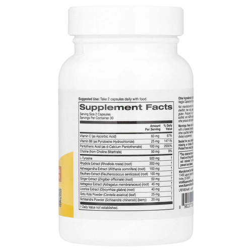 Super Nutrition, добавка для поддержки надпочечников, с L-тирозином, экстрактами родиолы, ашваганды и элеутерококка, 60 вегетарианских капсул