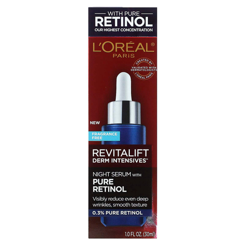 L'Oréal, Revitalift Derm Intensives, ночная сыворотка с чистым ретинолом, без отдушек, 30 мл (1 жидк. унц.)