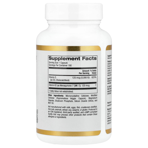 California Gold Nutrition, витамины D3 и К2 в форме MK-7, 180 растительных капсул