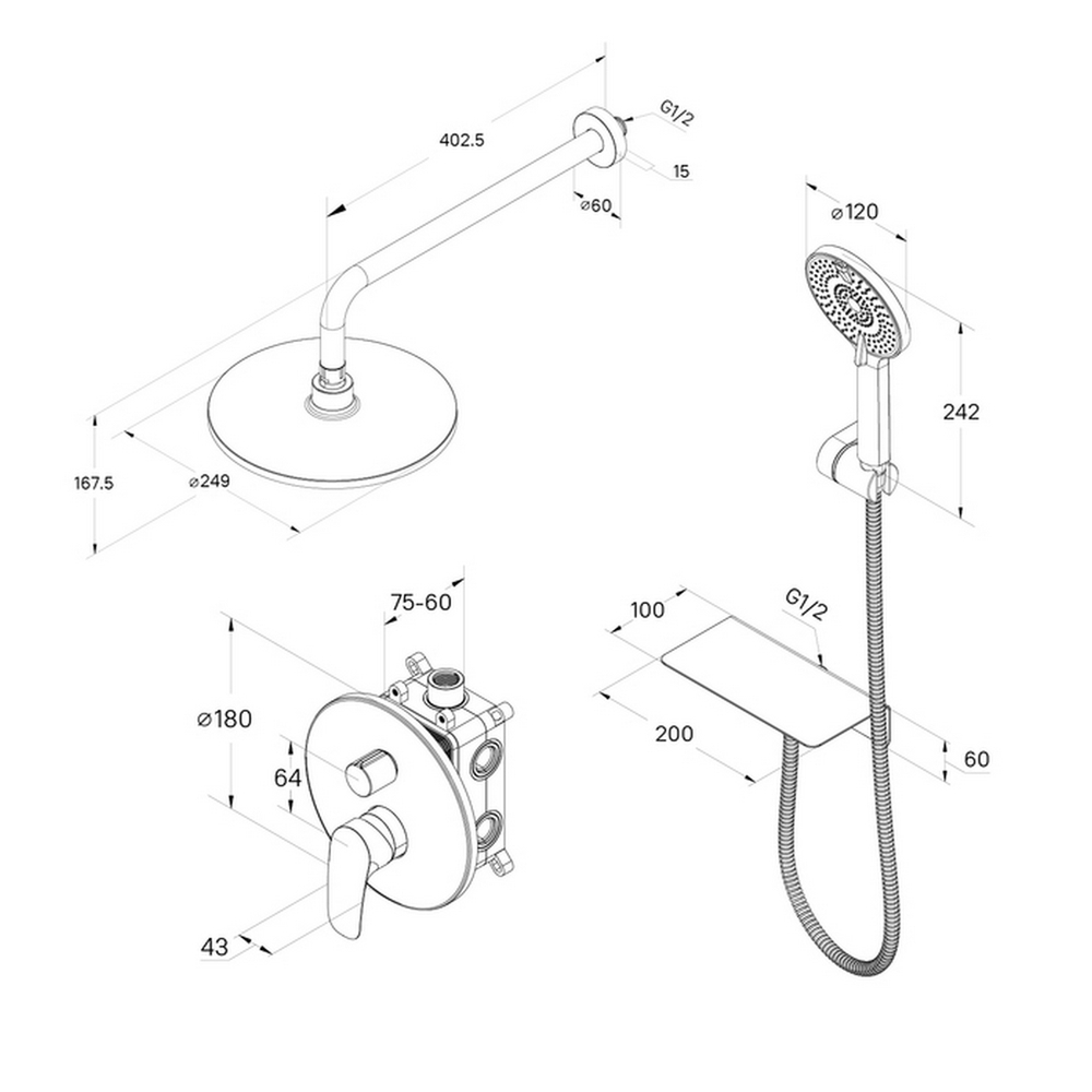 Душевая система 35к Milardo RORBL02M67 "Rora" лейка "Тропический душ" встраиваемая ЧЕРНЫЙ матовый