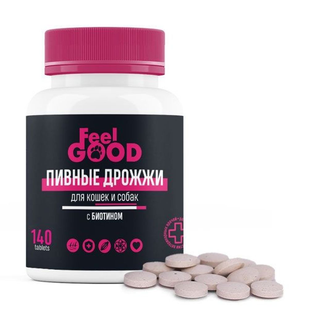 Кормовая добавка для кошек и собак Feel Good Пивные дрожжи с биотином и чесноком, банка 140 таблеток