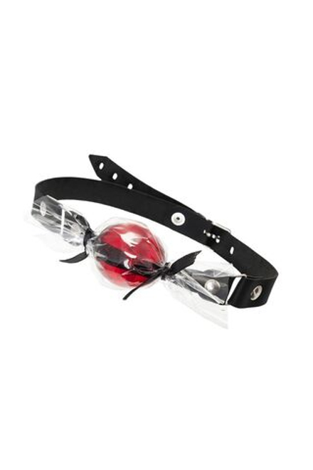 Красный кляп-леденец на кожаных ремешках со вкусом виски