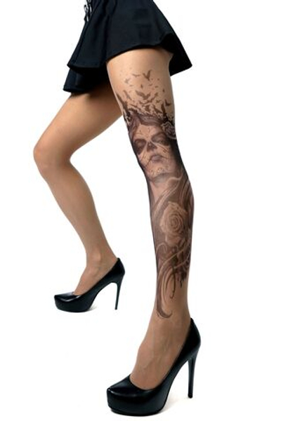 Колготки с рисунком в виде девушки с макияжем калавера (Размер: S-M-L) (Цвет: бежевый)