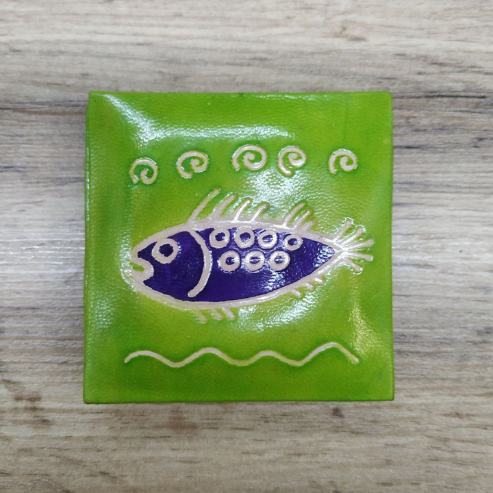 Кошелек под мелочь Рыбка Карп, завитки, цвет зеленый, кожа, ручной принт 7x7x1,5 см