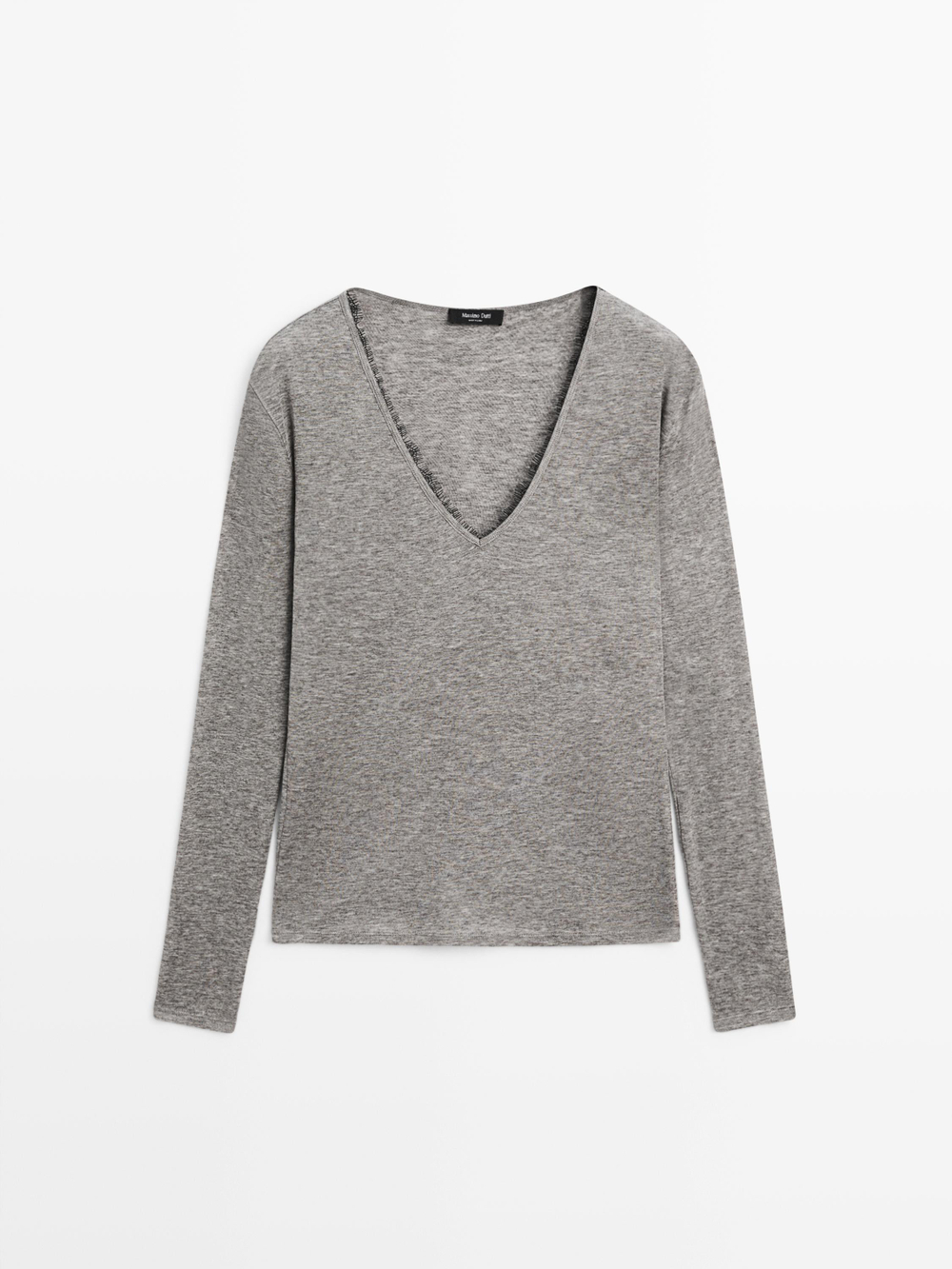 Massimo Dutti Футболка с V-образным вырезом и отделкой кружевом, серый меланж