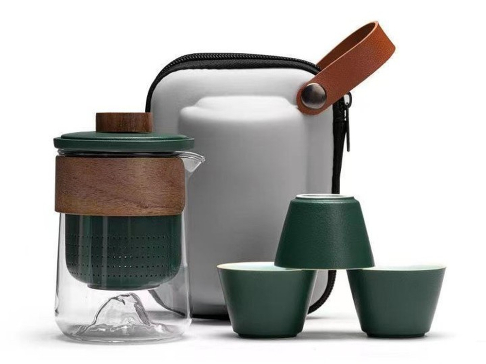 322007 Сервиз ДОРОЖНЫЙ "На троих" чайник 300мл, 3 пиалы 50мл, в дорожном чехле, керамика, зеленый