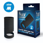 Черная открытая насадка на пенис с кольцом для мошонки size M - 7,9 см. (Цвет: черный)