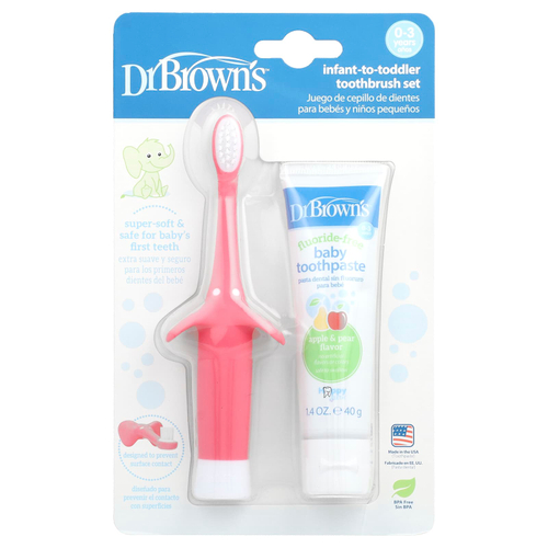 Dr. Brown's, Набор зубных щеток для малышей, от 0 до 3 лет, розовый, яблочно-грушевый, набор из 2 предметов