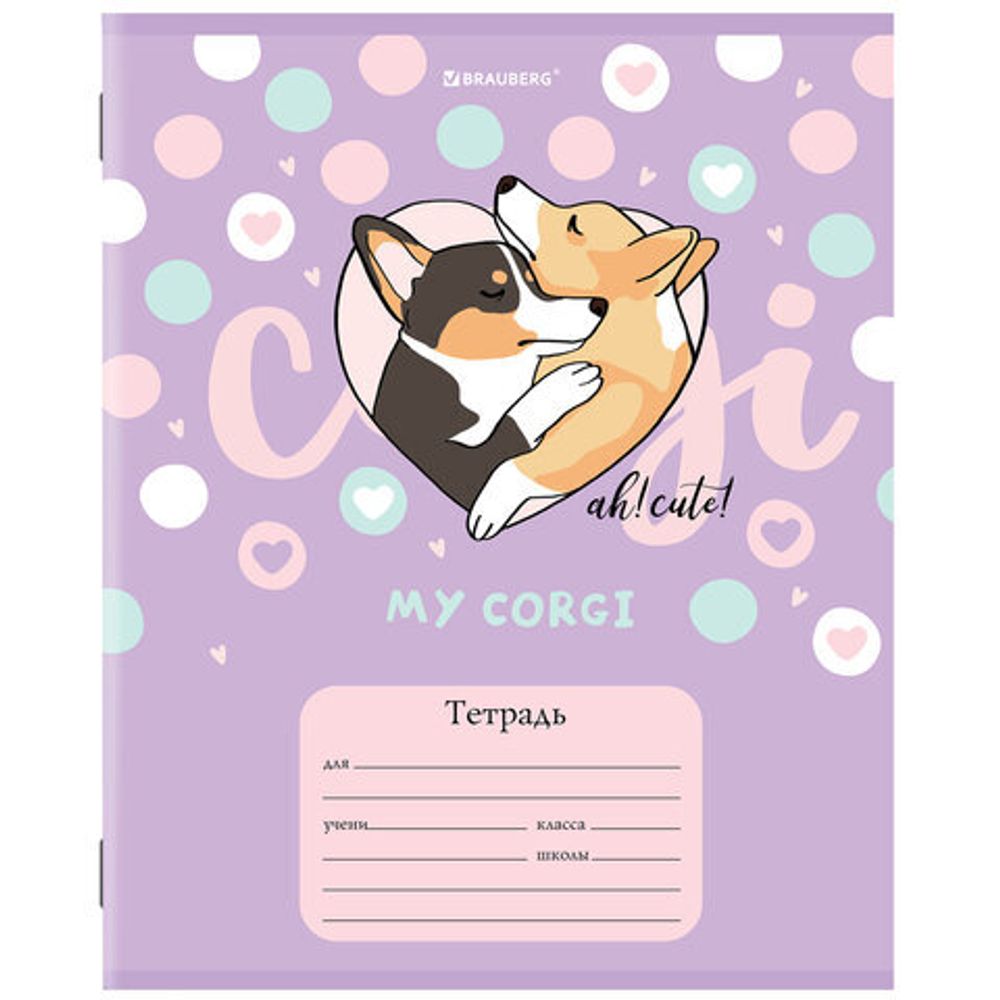 Тетрадь 12 л. BRAUBERG, клетка, обложка картон, "КОРГИ", 106460, 5шт